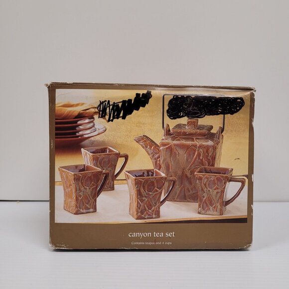 Pier 1 Stoneware Canyon Tea Set Teapot 4 Cups New in Box Brown Square Abstract - Picture 6 of 8